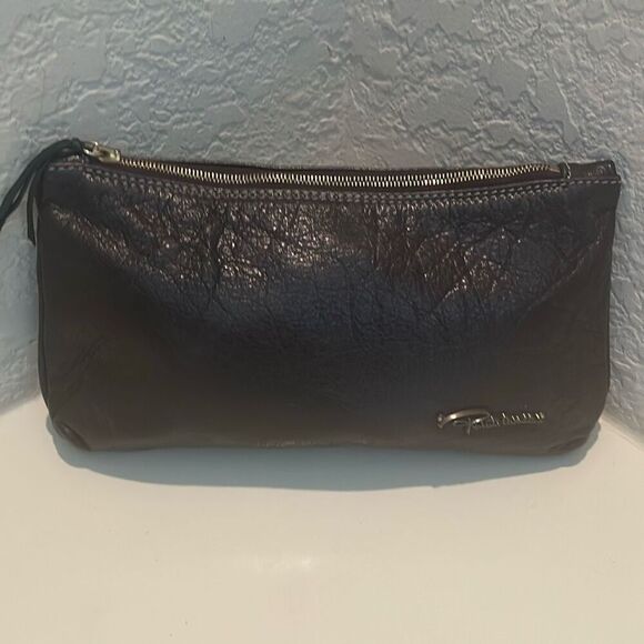 Roberto Cavalli Zip Top Pouch Bag Brown Leather Small Minimalist - Picture 1 of 14